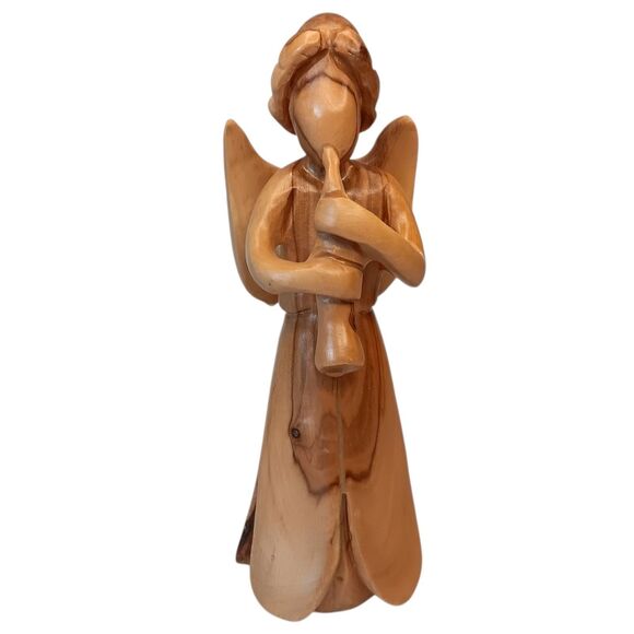 Hand Carved Angel Playing Horn Made Of The Olive Wood Tree From Israel 7.5" x 4" - Picture 1 of 11